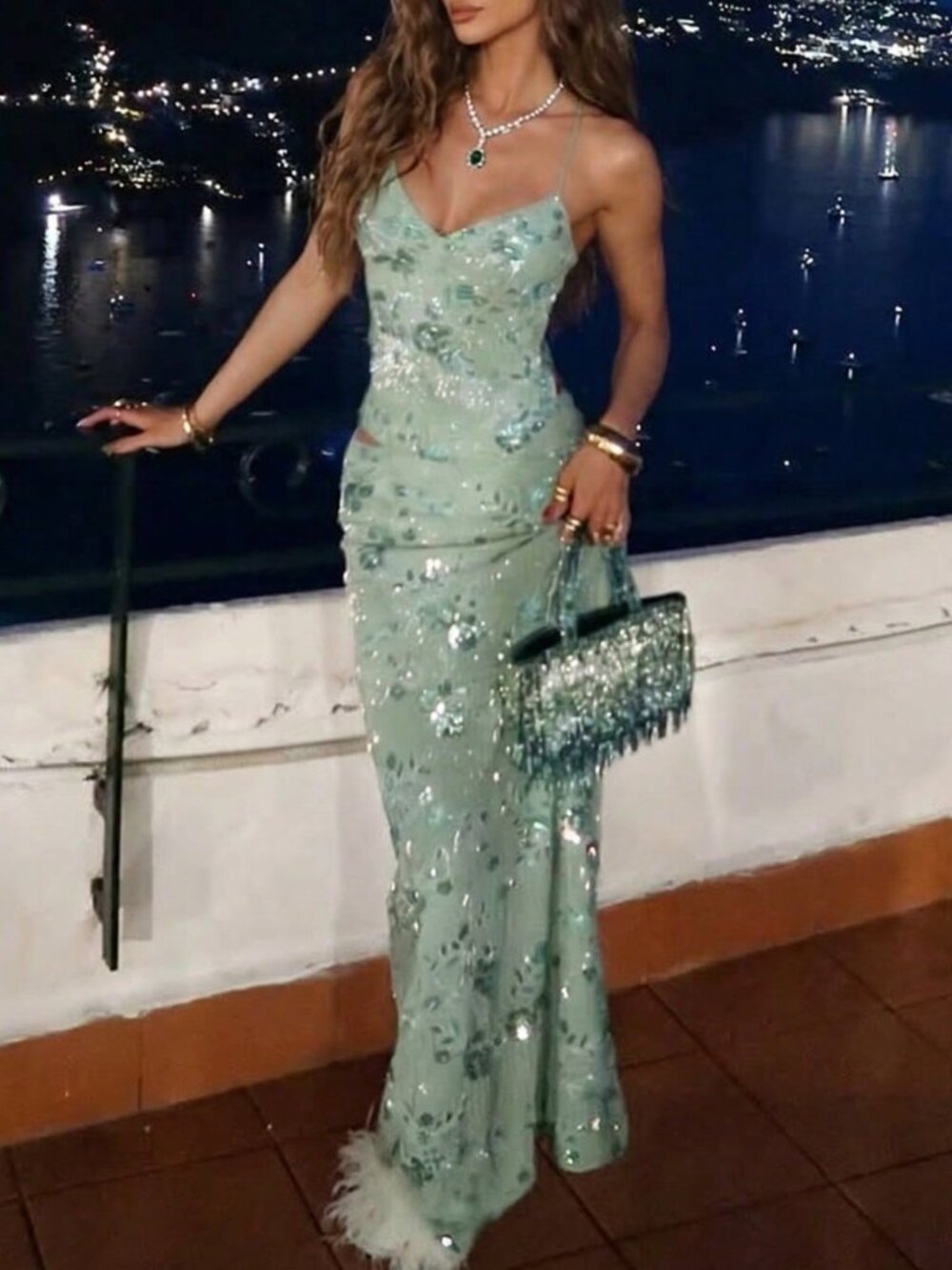 Green Sexy Women's Elegant Romantic Backless Camisole Top And Sequin Skirt Set - Picture 4 of 10